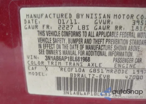 2011 Nissan Sentra 2.0Sr from USA, damaged, VIN 3N1AB6AP1BL681968